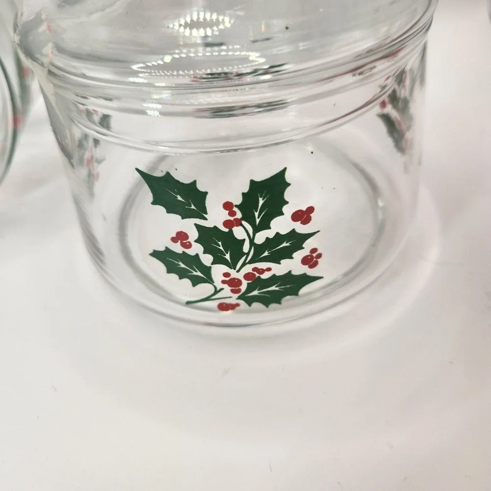Vintage Christmas Holly Berry Glass Canister Set of 2 Holiday Candy Jars Lids